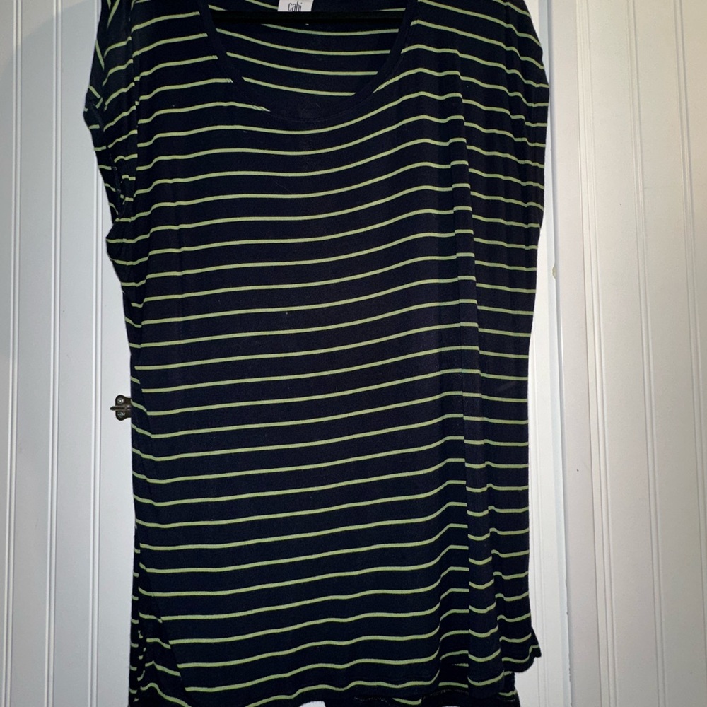 CAbi Navy and Yellow Striped Short Sleeve Top